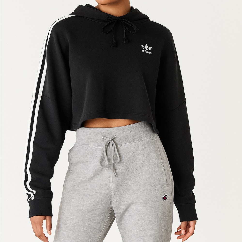 Adidas Women’s Small Black Crop Top  Hoodie with Adidas Logo 3 Stripe Sleeve